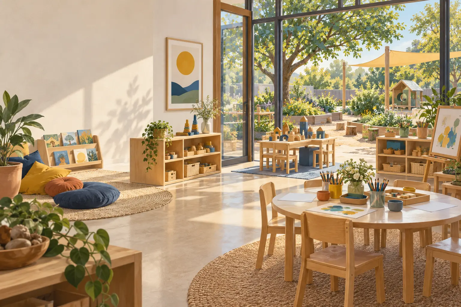 Illustration of a bright early-childhood classroom opening onto an outdoor learning garden