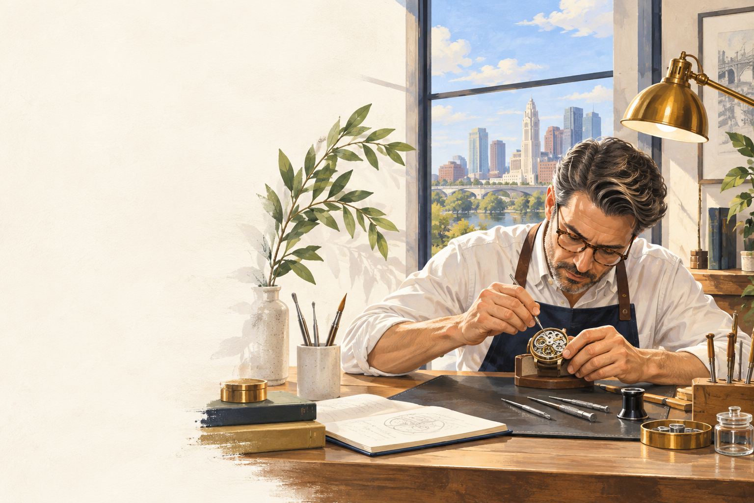 Illustration of a watchmaker making a precise adjustment at a workbench overlooking the Columbus skyline