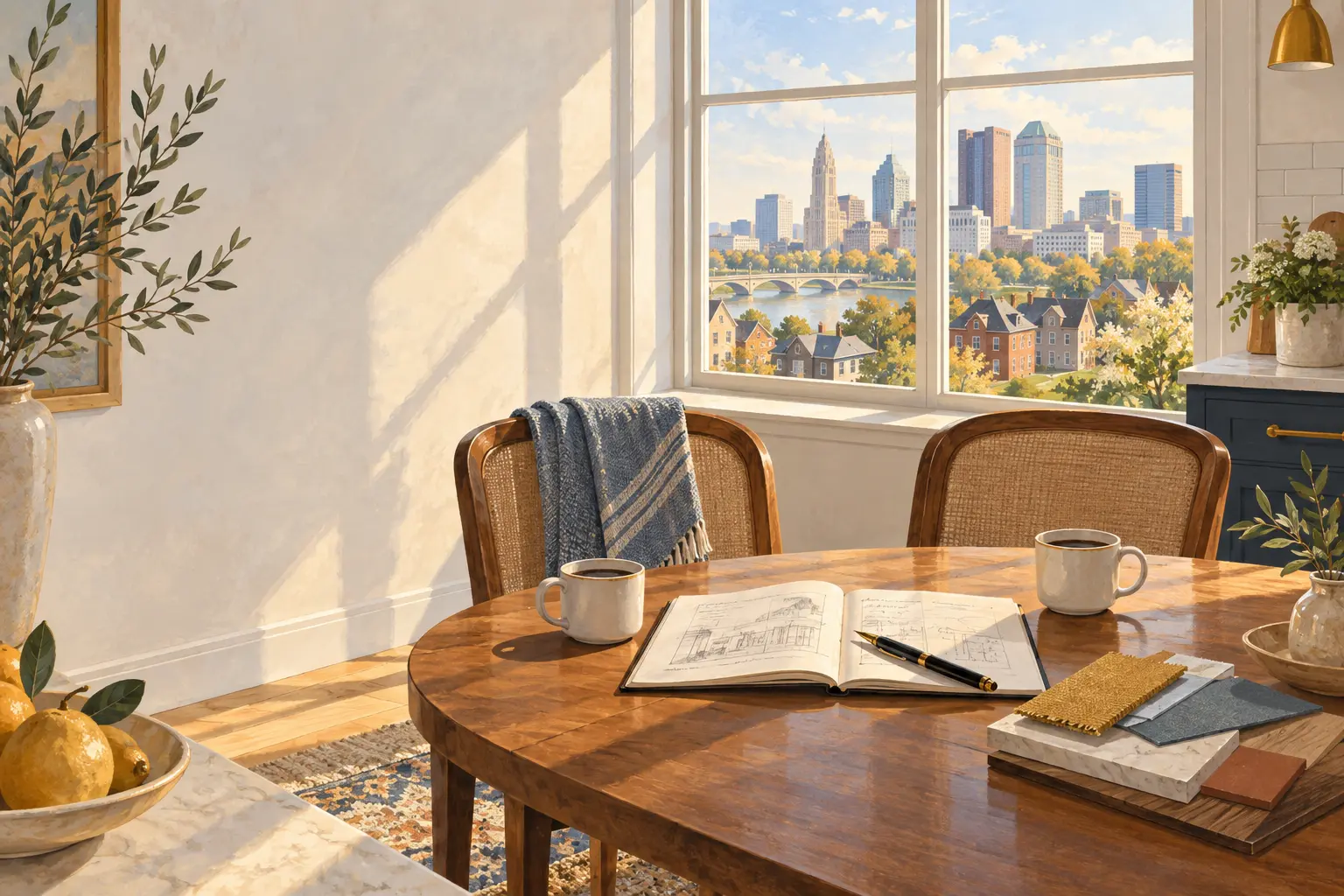 Illustration of two empty chairs at a round kitchen table overlooking the Columbus skyline