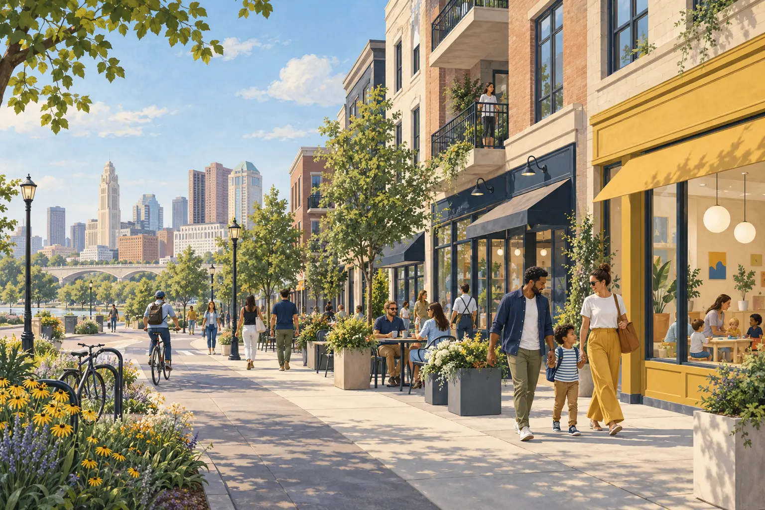Illustration of an active Columbus neighborhood with storefronts, apartments, families, and an early-learning space