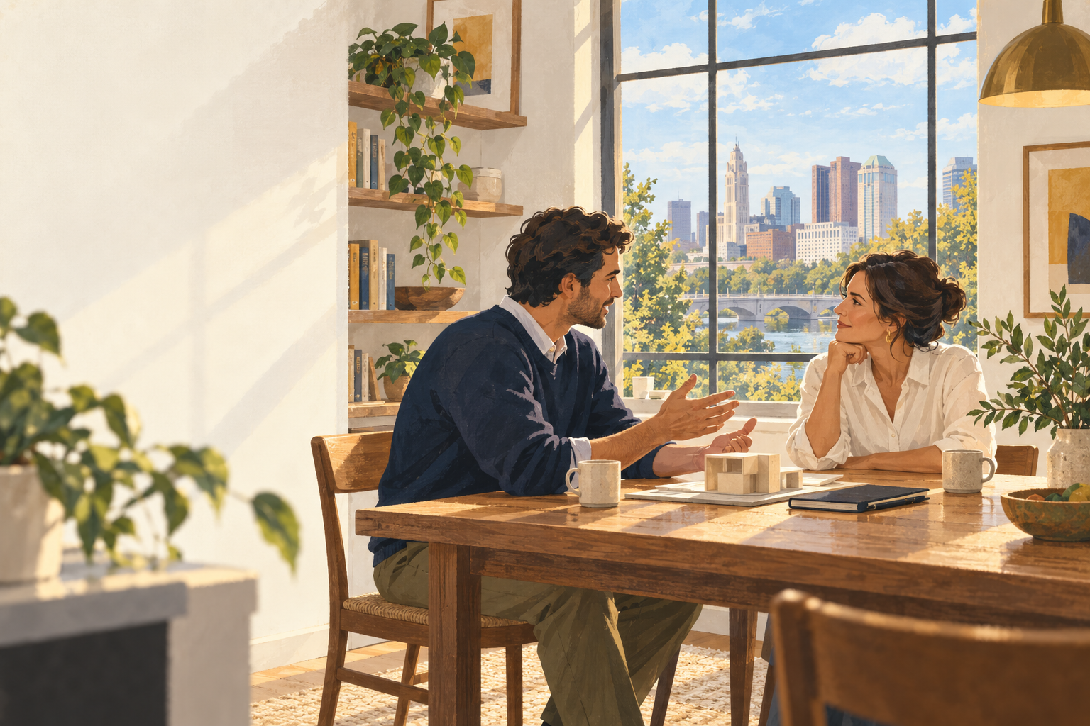 Illustration of two people in conversation at a Columbus kitchen table
