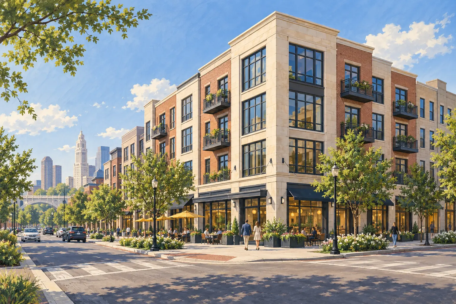 Illustration of a Columbus mixed-use building with apartments above street-level retail