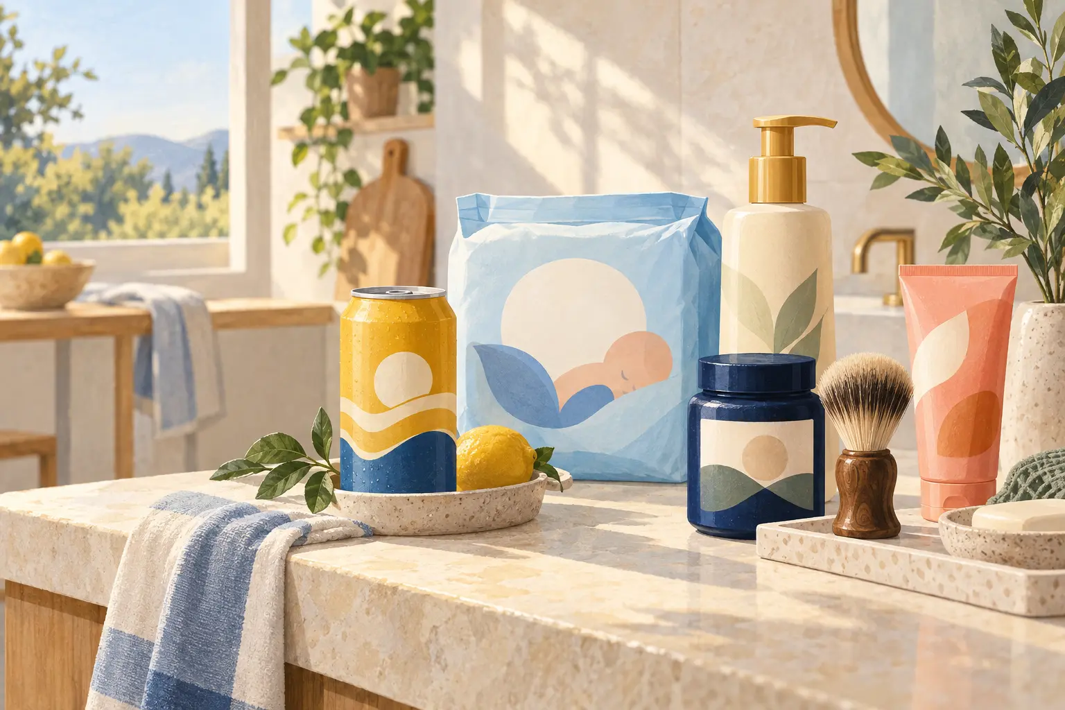 Illustration of unbranded consumer goods packaging arranged on a sunlit stone counter
