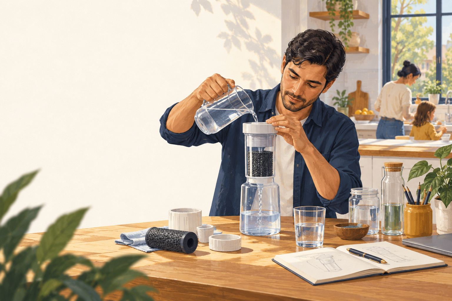 Illustration of a founder testing a practical water-filtration product at a kitchen table