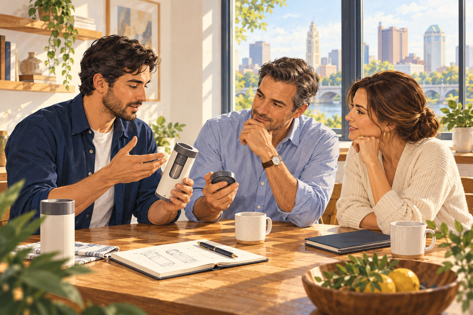 Illustration of a founder demonstrating a product to a husband-and-wife investment team at a sunlit kitchen table, with the Columbus skyline beyond