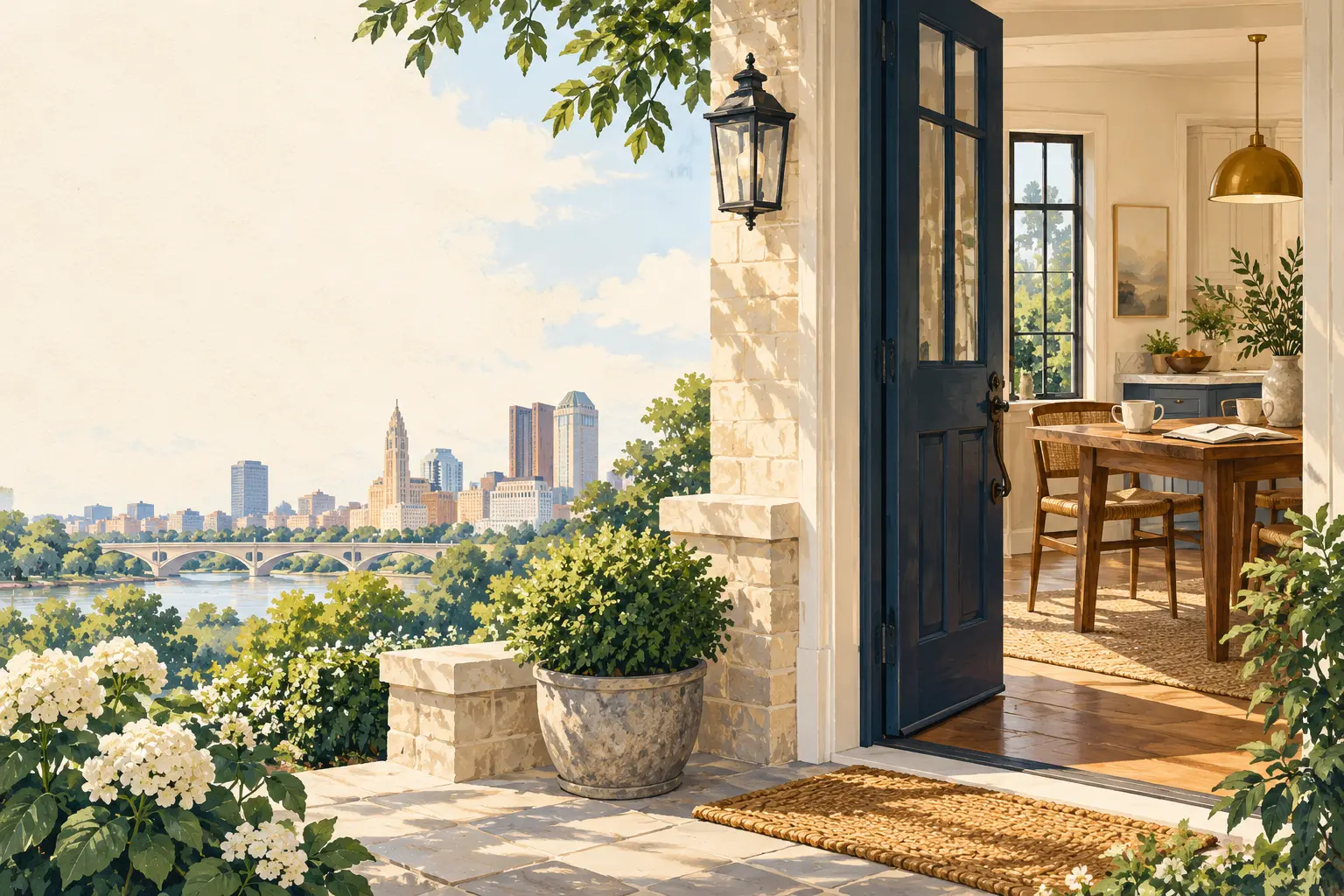 Illustration of an open navy front door revealing a welcoming kitchen table, with the Columbus skyline across the river
