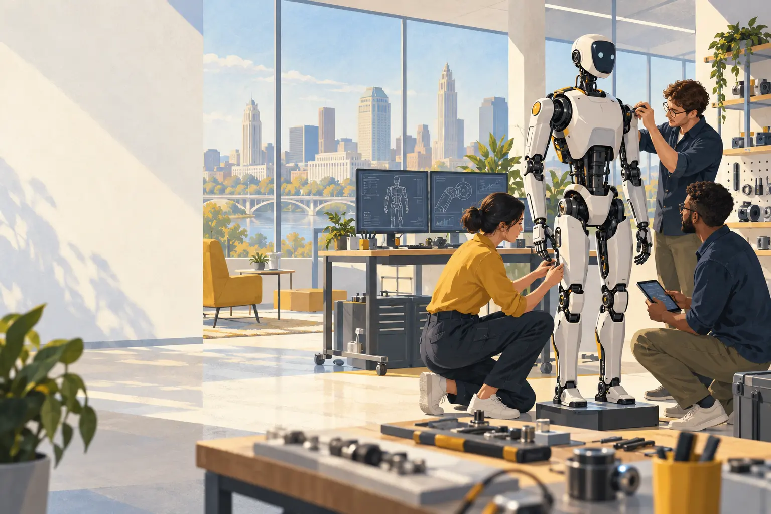 Illustration of a development team calibrating a humanoid robot in a Columbus studio
